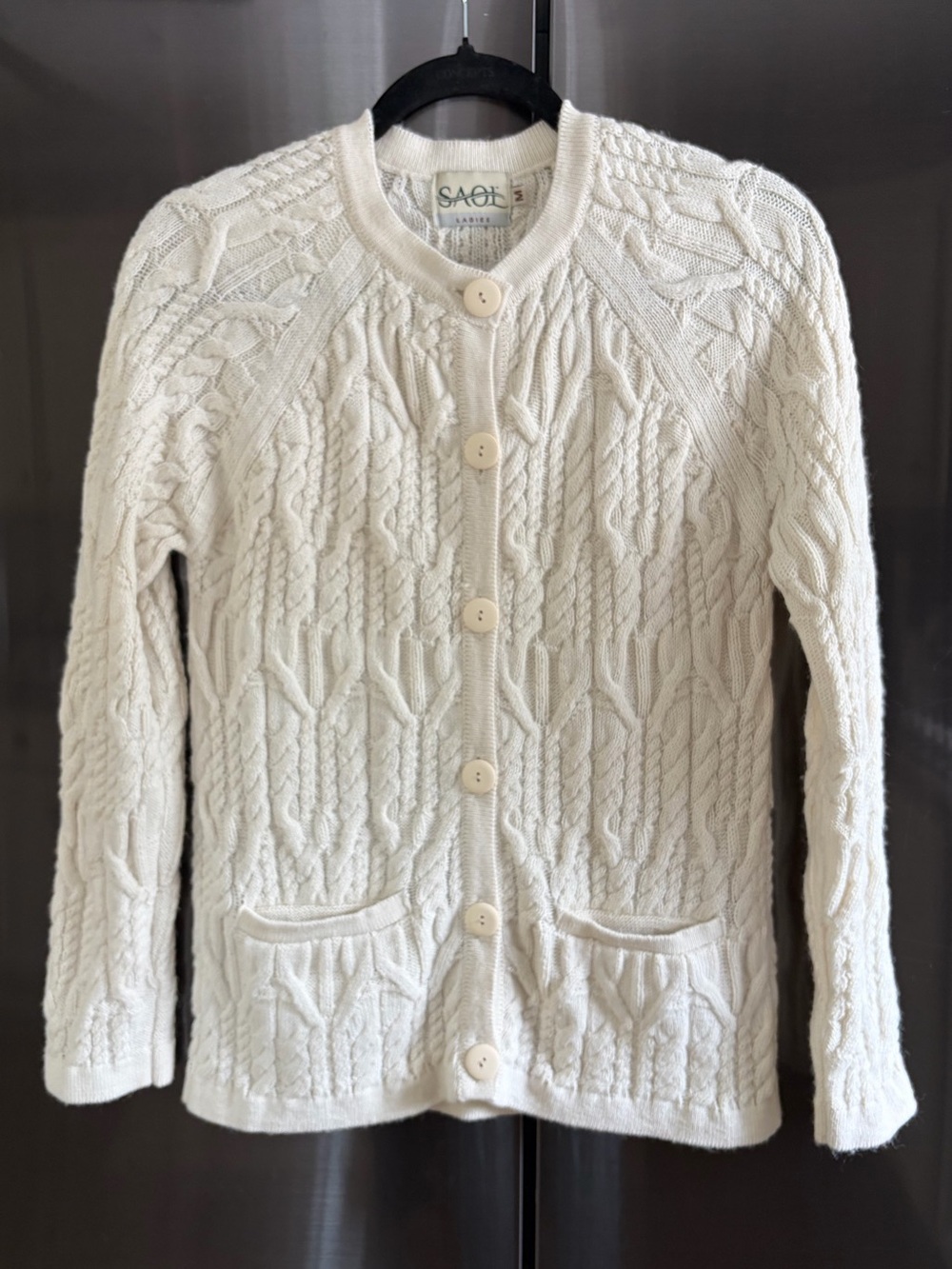 SAOL Ladies Irish Aran Cozy Preppy Fisherman Ecru Cable Knit Cardigan EUC Sz M